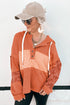 Waffle Knit Stripe Patchwork Henley Drawstring Hood Drop Shoulder Long Sleeve Top